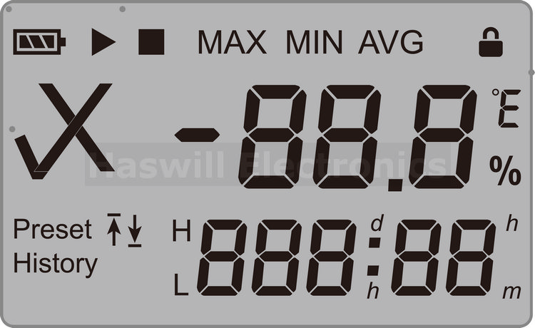 750 px haswill electronics temperature and humidity data logger screen