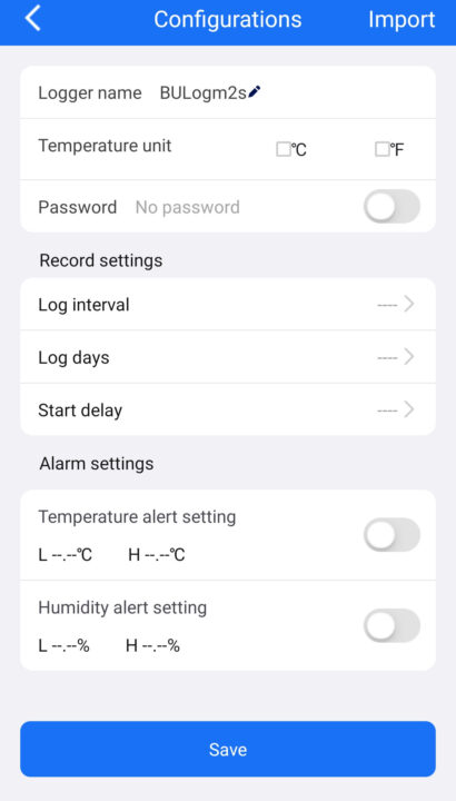editable parameters of bulogm2s temperature humidity data logger