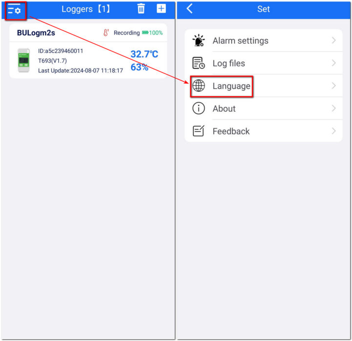 how to change the app language of bulogm2s temperature humidity data recorder